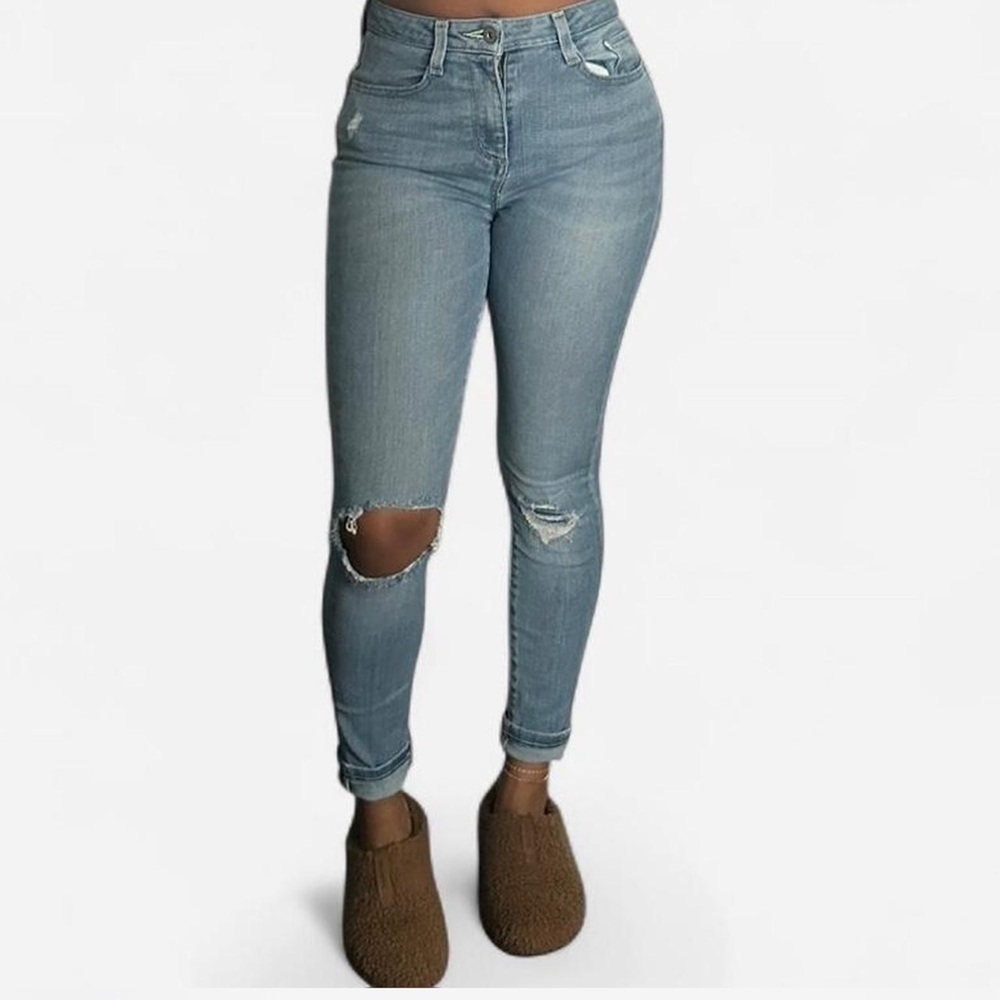 Light Blue Mid-Waist Distressed Skinny Jeans for Women